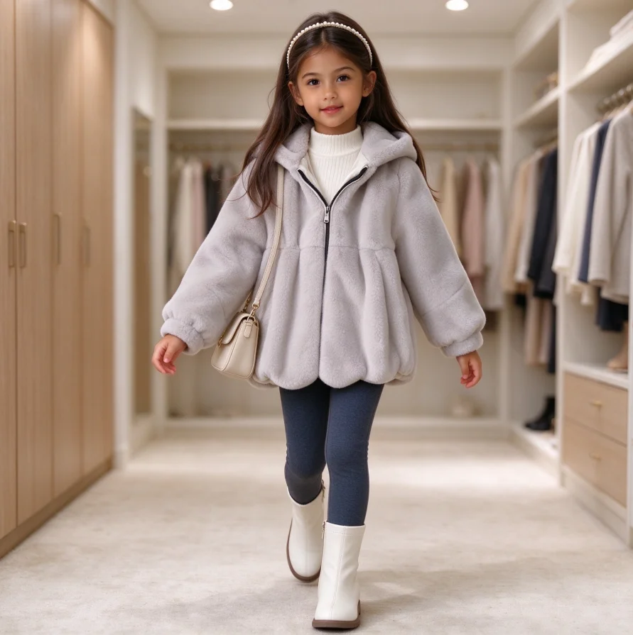 Children Faux Rabbit Fur Coats Solid Fur Jackets Hooded Zipper Long Sleeves 2026 Autumn Winter Flowy Hem Thick Loose Fit Casual 4