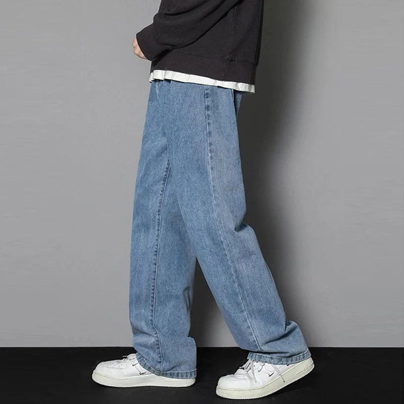 

2025 Men's Casual Long Jeans Classic Man Straight Denim Wide-leg Pants Solid Color Light Blue Grey Black ﻿Streetwear Trousers