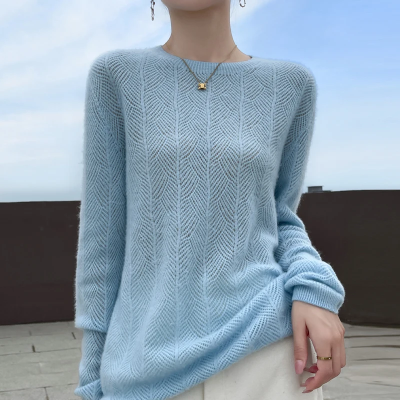 

One line Round Neck 100% Merino Wool Sweater Spring Autumn New Thin Tops Fashion Lace Up Knitted Pullover Casual Long Sleeved