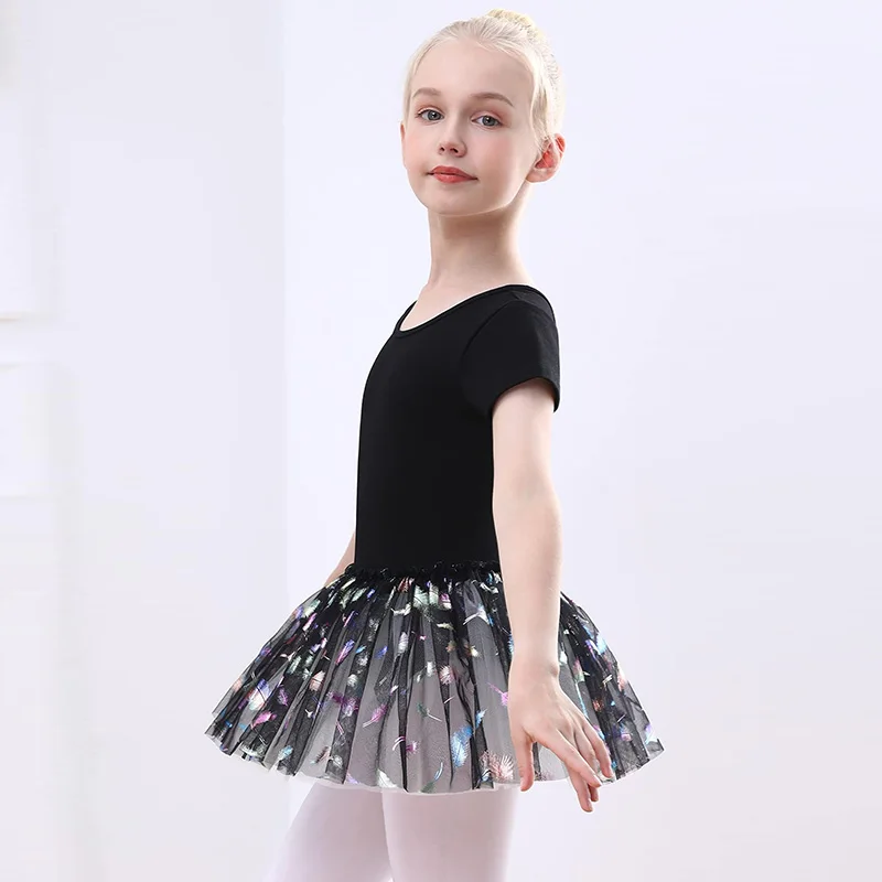 Girls Short Sleeve Dance Dress Ballet Leotard for girl Gymnastics Dance Tutu Skirts with Crisscross Back Dance Dress