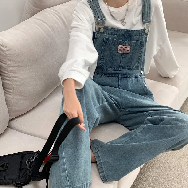 Women Denim Jumpsuits 2024 New Spring Autumn Wide Leg Loose Jean Strap Overalls Female Casual Trousers Streetwear