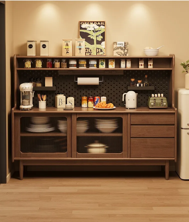 

@￥Solid Wood Tall Sideboard Buffet Cabinet with Glass Doors, Pegboard Organizer & Drawers Freestanding Kitchen Pantry Storage