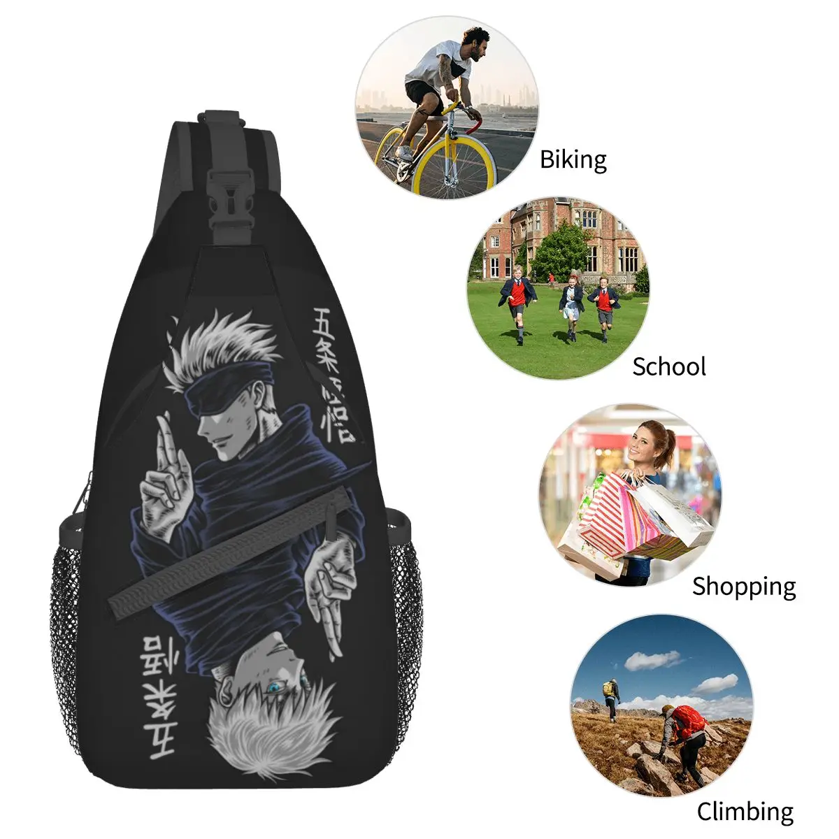 Gojo Satoru Jujutsu klasyczny torba typu Crossbody Sling Bag mała torba piersiowa anime kreskówka plecak na ramię plecak turystyczny podróż na rowerze