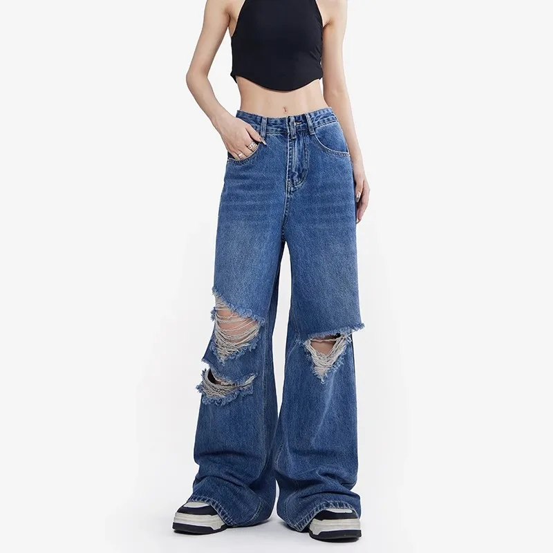 WCFCX STUDIO Jeans for Womans Y2k Streetwear High-Waisted Wide-leg Jeans Fashion Baggy Trousers Vintage Torn Floor-length Pants