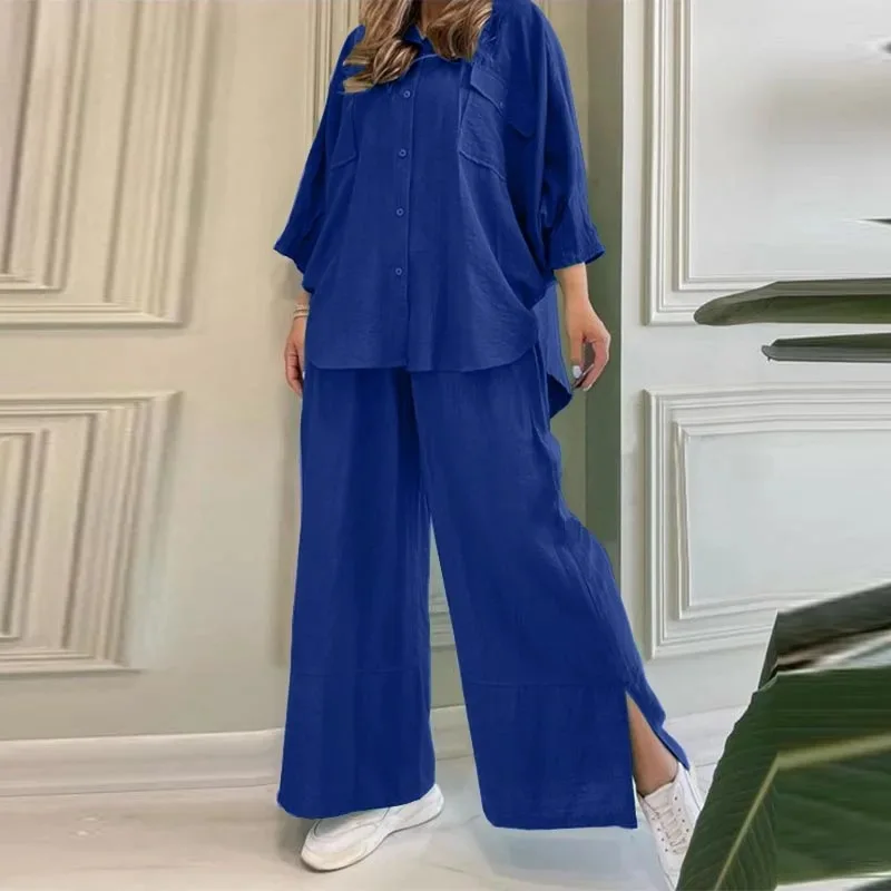 Casual Loose Wide Leg Pant Sets Women Fashion Solid Pocket Shirt Trousers 2-częściowe zestawy damskie Outfit Summer Plus Size Sportswear