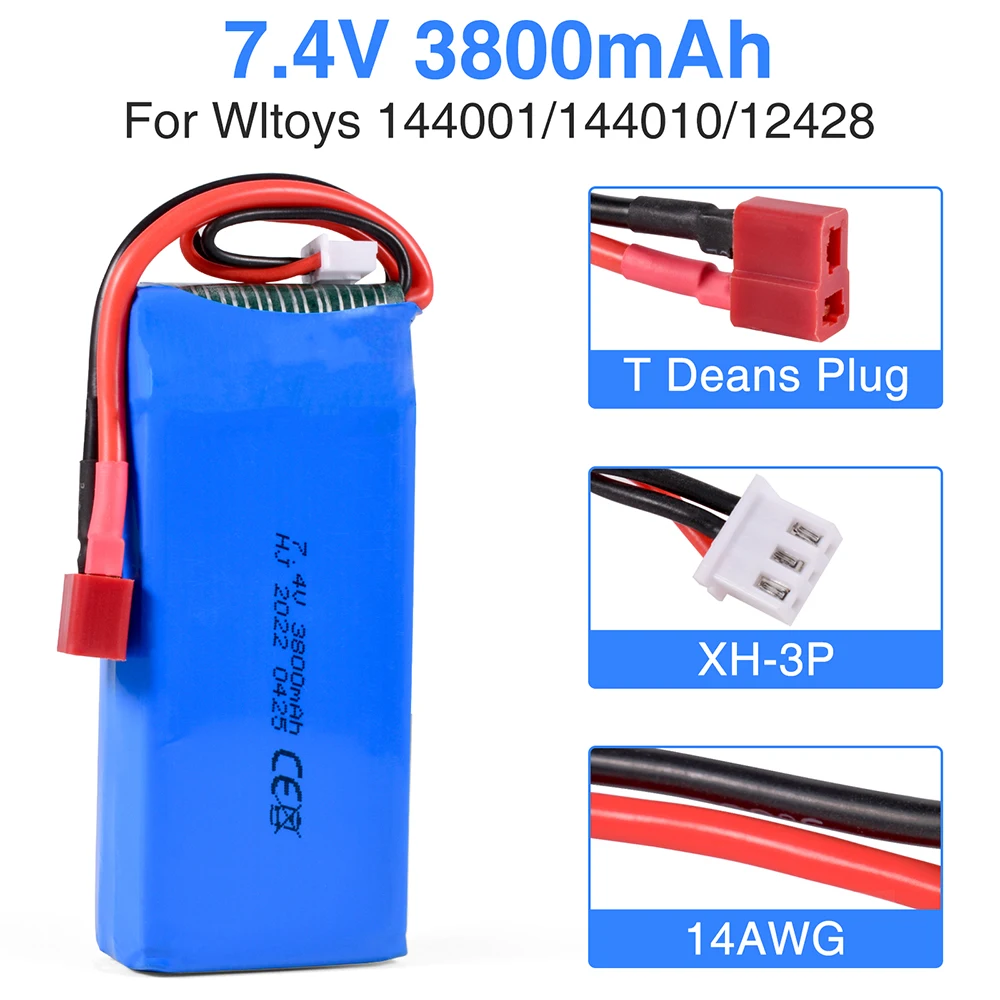 Batterie Fuchsia pour voiture RC Wltoys, mise à niveau de la batterie, 7.4V, 3800mAh, 144001, 144011, 144010, 12428, 124019, 124018, 124016, 124017/124010, 2S