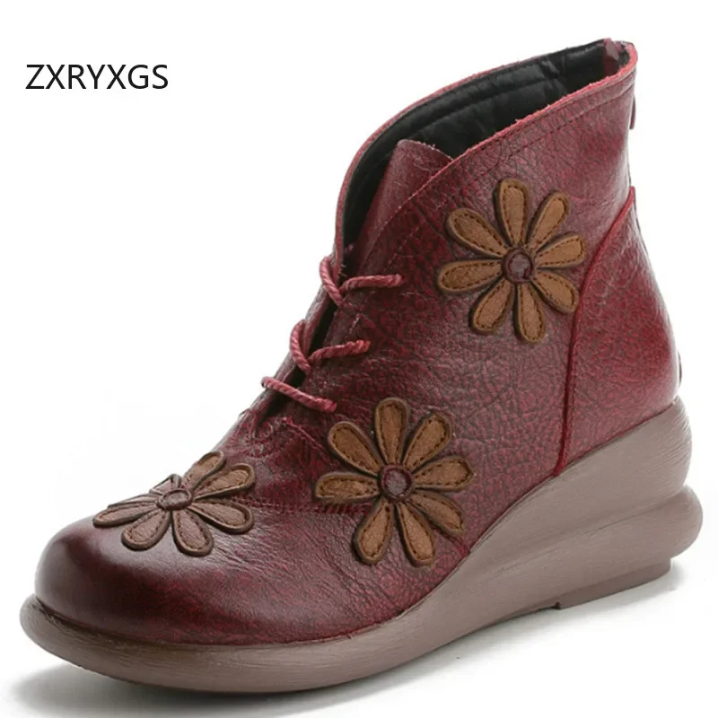 

ZXRYXGS Cross Straps Back Zipper Classic Flowers Women Fashion Boots Wedges Flat Single Ankle Boots 2024 Winter Warm Snow Boots