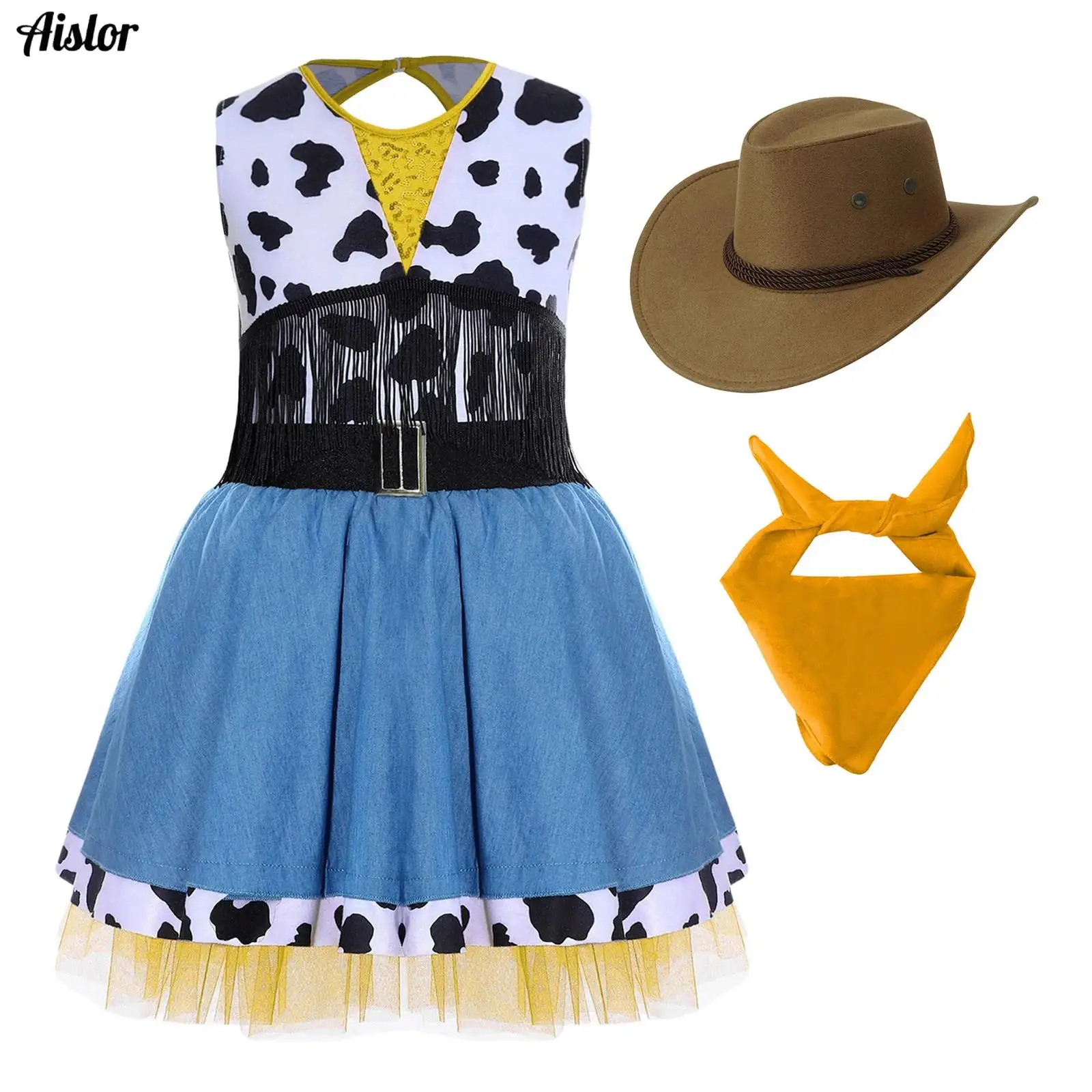 

3 шт./компл. платье-пачка в стиле вестерн для девочек на Хэллоуин, костюм-пачка без рукавов с коровьим принтом и бахромой, ковбойская бандана и шляпа