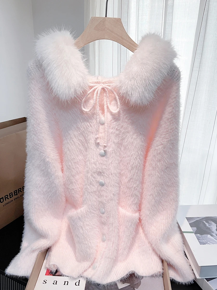 

Розовый вязаный свитер Laid-ba Sle с капюшоном, женское свободное зимнее пальто, мягкая вязаная верхняя одежда из искусственного меха норки
