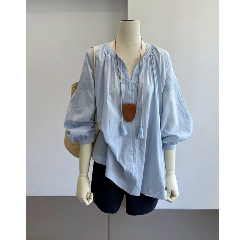 

French Blue Embroidered Shirt Women Round Neck Camisas De Mujer