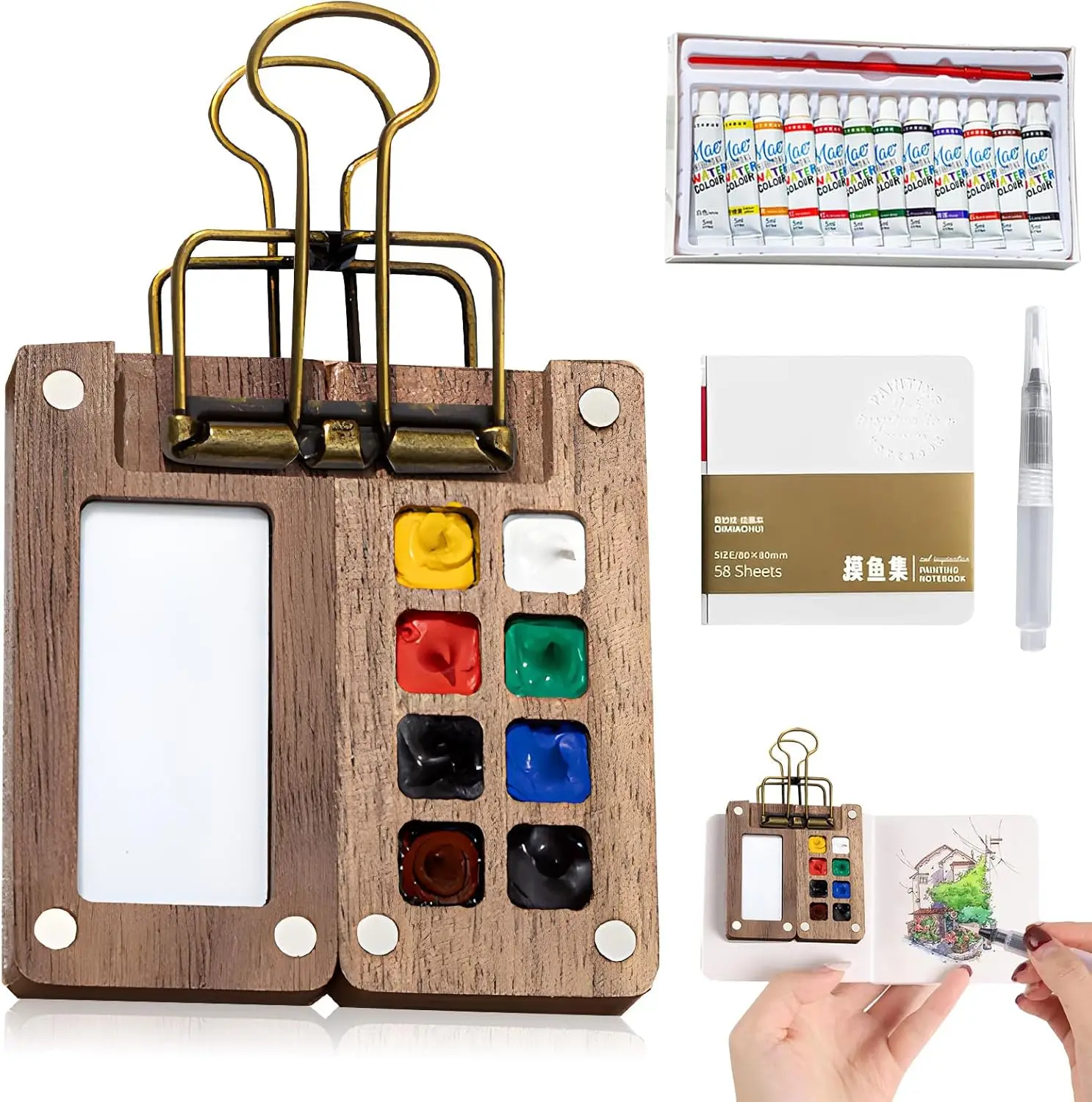 

Mini Portable Watercolor Set 8 Compartments Wooden Grid Palette Travel Kit for Artists Students Painters On-the-Go Creativity