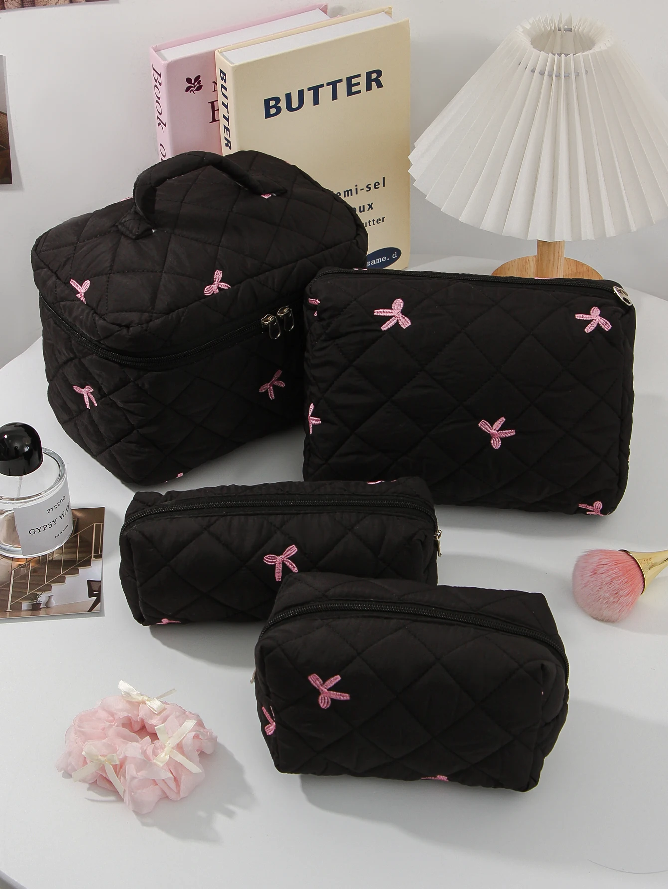 1Pc/Set Women's Bow Embroidered And Quilted Makeup Bag Sets, Cute Macaron Color Large Capacity Cosmetic Bag,Make Up Bag