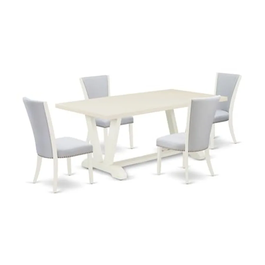 

V027VE005-5 5 Piece Dinette Set for 4 Includes a Rectangle Dining Room Table with V-Legs and 4 Grey Linen Fabric Upholstered Pa