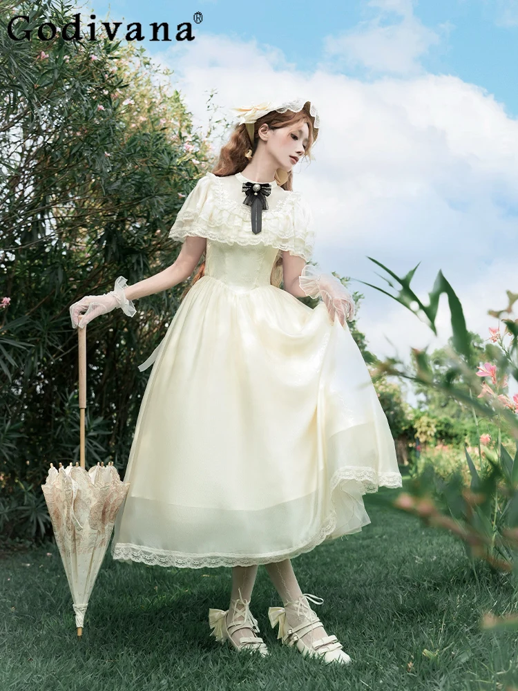 Robe de princesse Lolita rose douce, manches courtes, taille haute, en dentelle, pour filles mignonnes, ligne a, mode, robes de fée polyvalentes, printemps été