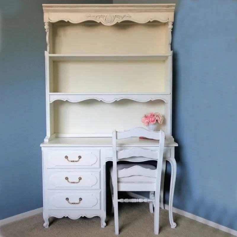 American solid wood desk bookshelf combination white simple French children's computer table student writing table home customiz