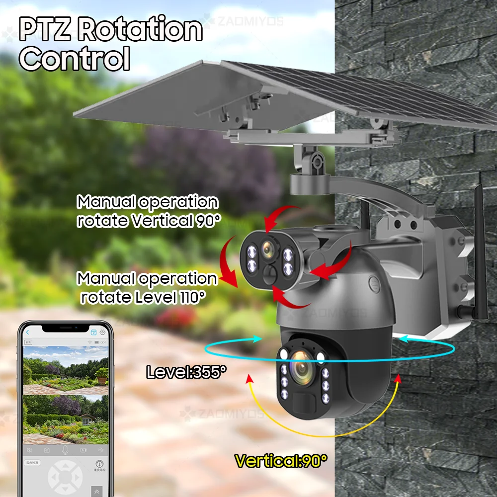 Caméra de surveillance extérieure solaire PTZ IP WiFi 4G, dispositif de sécurité sans fil, étanche, avec n'aime x50, écran pour touristes, détection de mouvement et suivi, epi4 K