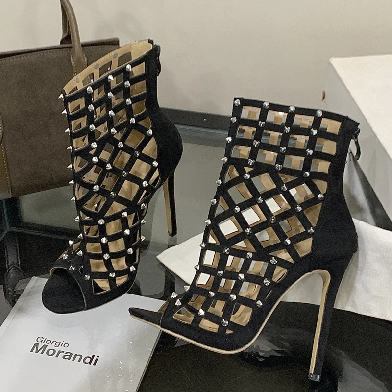

Eilyken New Design Rivet Hollow Out Zipper Women Ankle Boots Sandals Street Style Thin High Heels Party Prom Shoes
