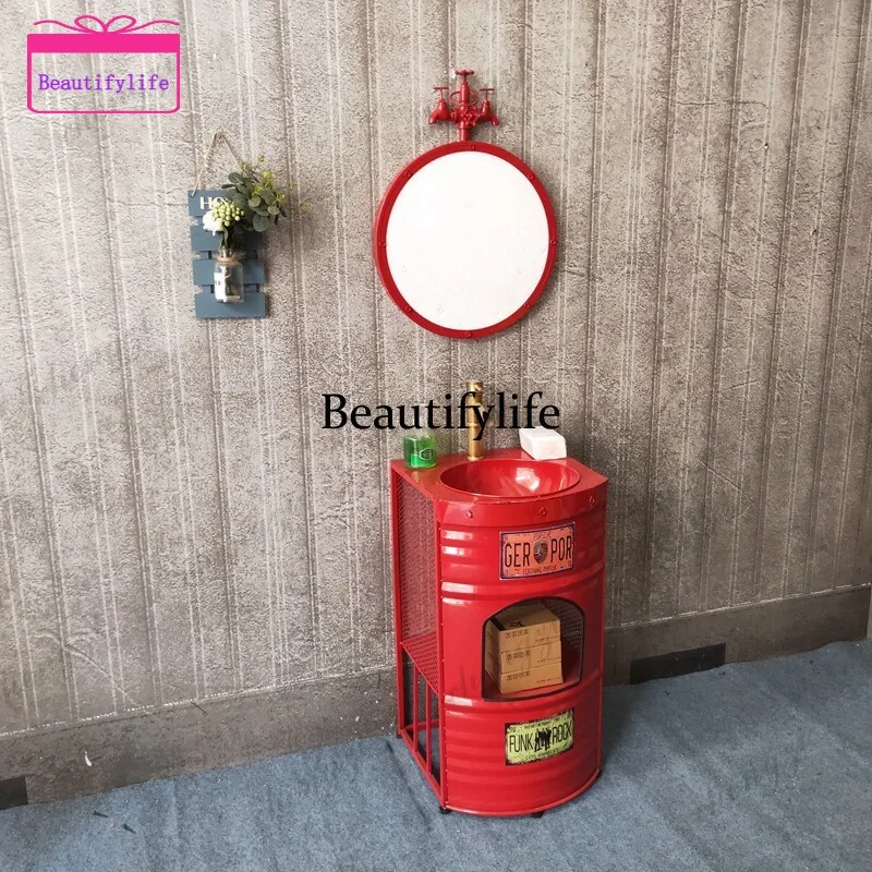 A17 Wrought iron retro industrial air oil drum wash basin integrated floor locker column basin personality