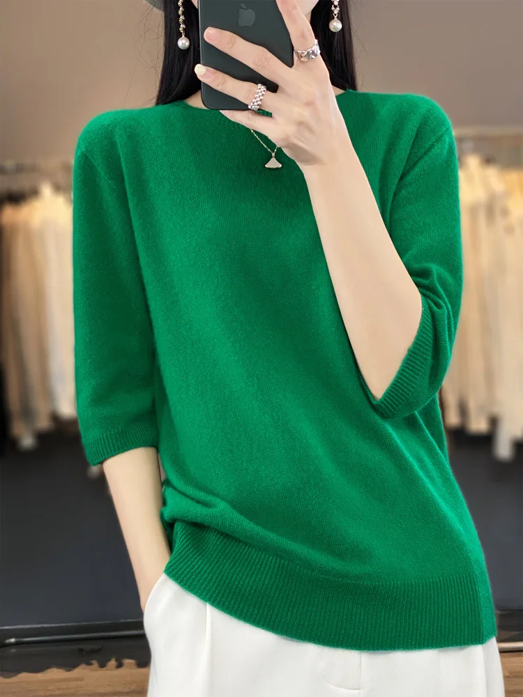 2024 New Spring Summer Women Sweater Short Sleeve O-Neck Pullover 100% Merino Wool Pure Color Knitted Jumper Female Clothing