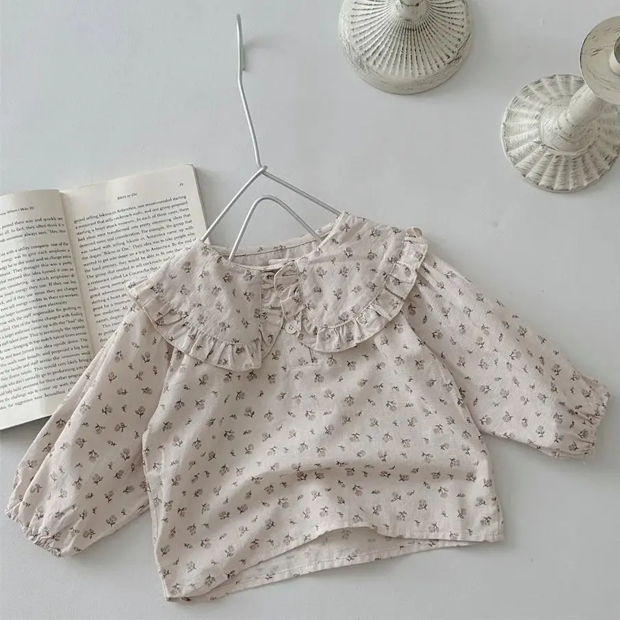 Ins Long Sleeve Peter pan Collar Floral Infant Baby Girl Blouse Solid Casual Base Shirt for Newborns Autumn Baby Girl Outwear