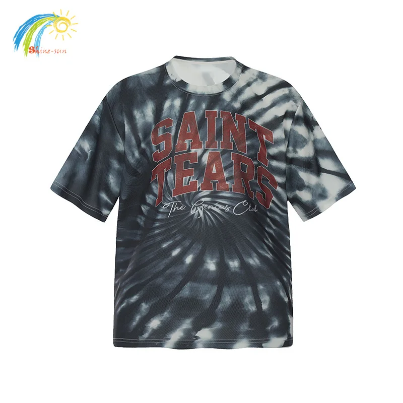 High Street Full Tie Dye Skull Banknote Print Saint T Shirts Men Women Breathable Quick Drying T-Shirt Oversized Mesh Tee Tags