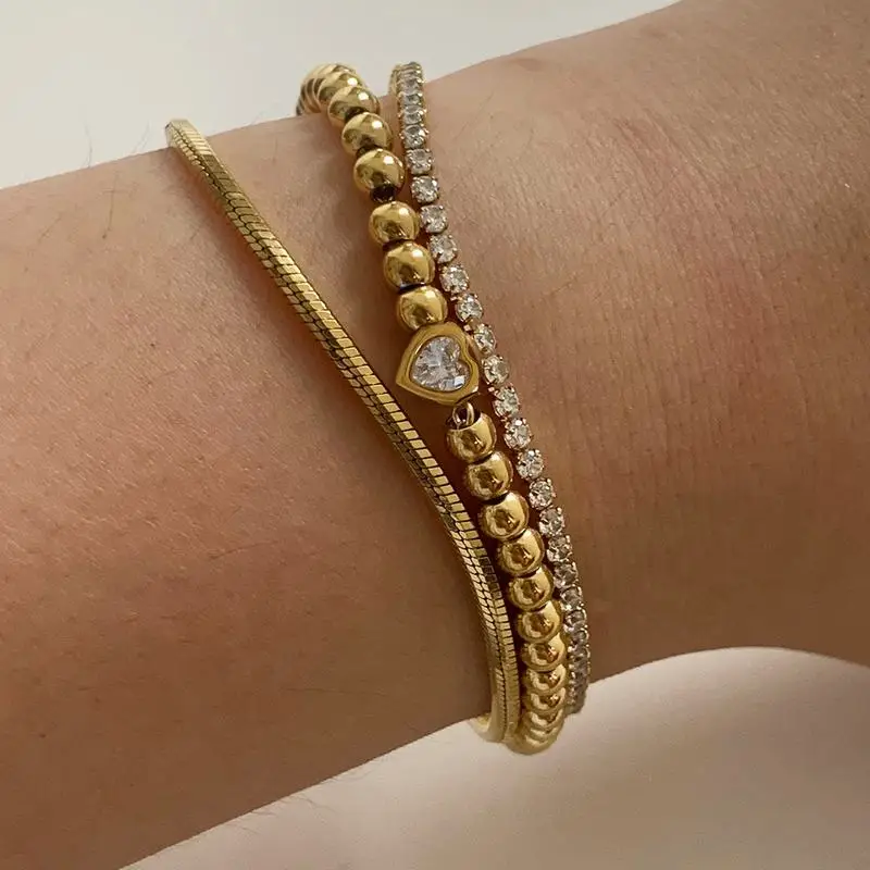 10 Pieces Stainless Steel Octagonal Snake Bone Chain Bracelet Set Tennis Chain Zircon Design Fashion Jewelry for Women