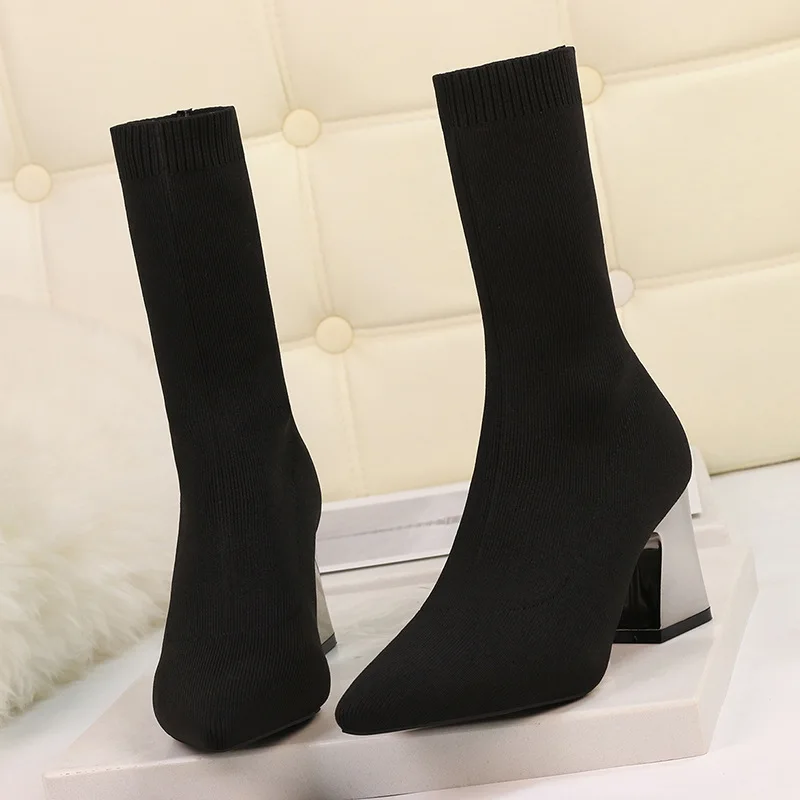 Fashion Women Boots White Black Pointed Toe Elastic Socks Boots Square Heels Boots Plus Size Ankle Boots Autumn Winter Shoes 42