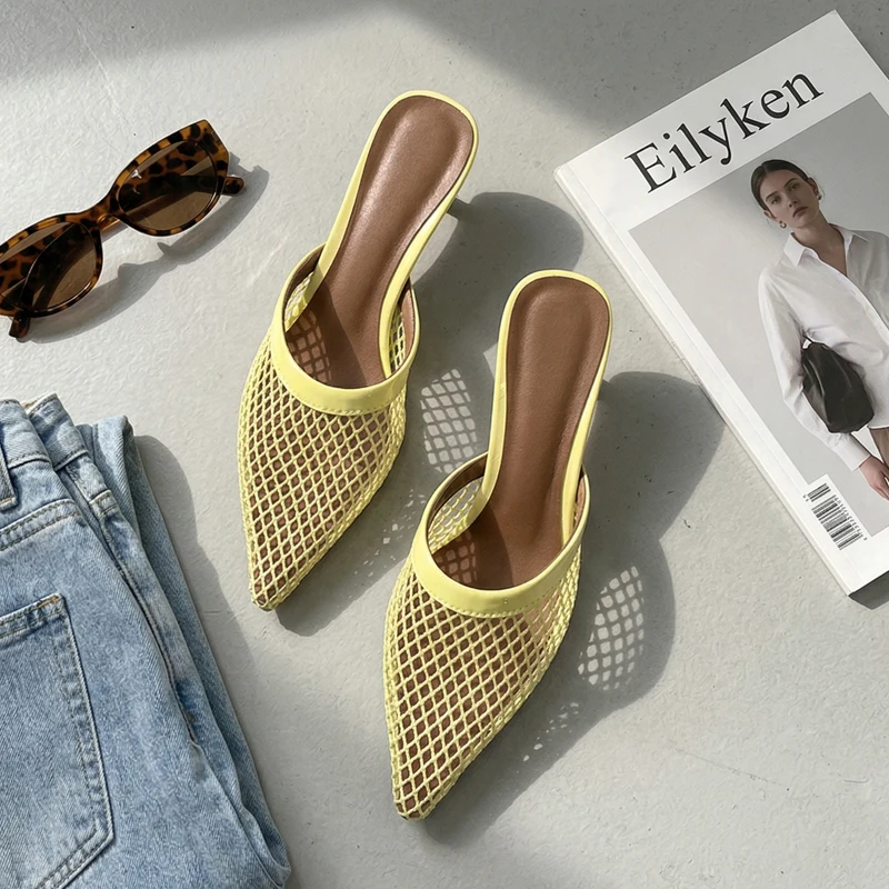 

Eilyken Fashion Hollow Out Mesh Women Slippers Sandals Summer Pointed Toe Thin Heels Shoes Slingback Mules Zapatos De Mujer