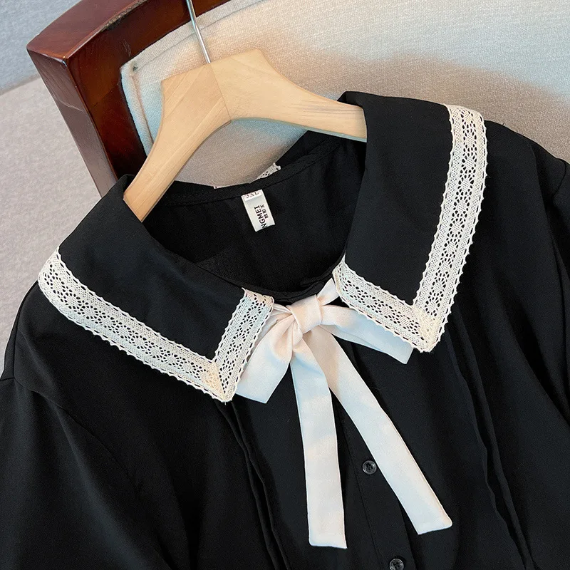 160Kg Plus Size Women's Bust 160 Summer Loose Doll Neck Lace Up Hem Wrinkled Dress Black 6XL 7XL 8XL 9XL 10XL