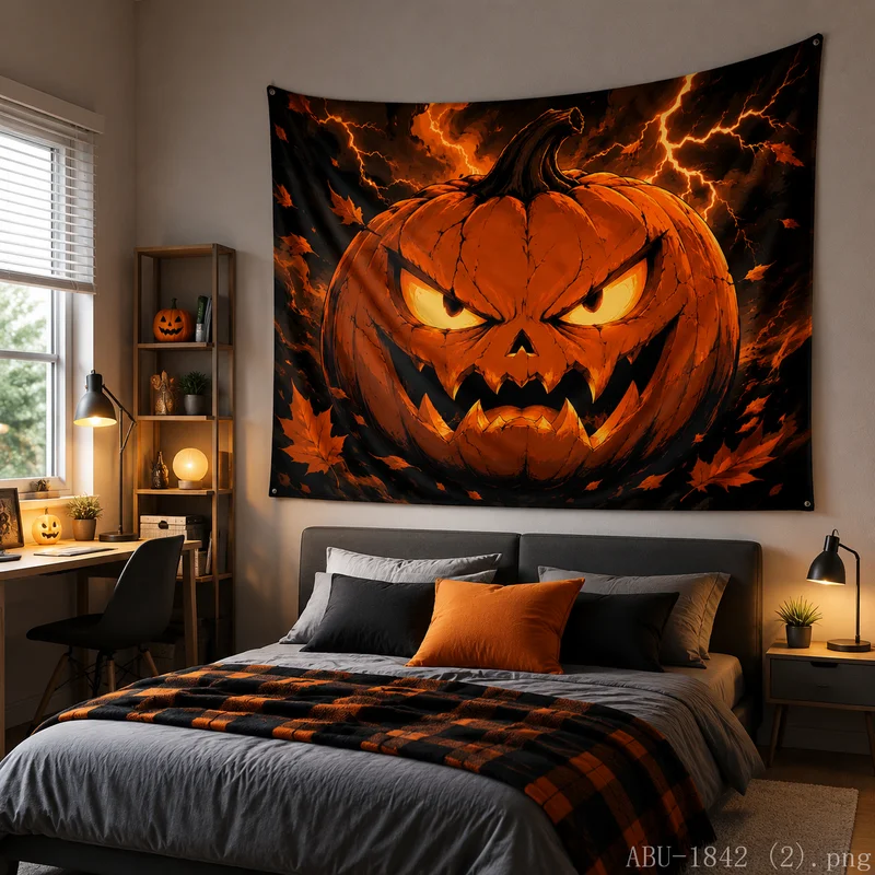 VIKAMA Angry Evil Pumpkin Tapestry Lightning Maple Dark Halloween Art Wall Hanging Teen Bedroom Dorm Decor Cloth