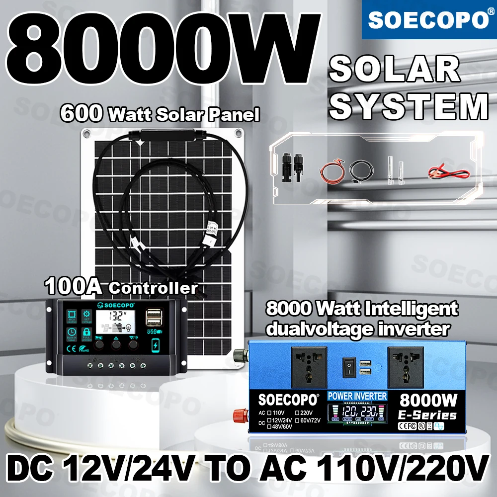 

RV & Van Life Solar Power System 8000W Peak Powers Rated 1000W Inverter TVs & Water Pumps 600W Panel 100A Controller Kit Farm