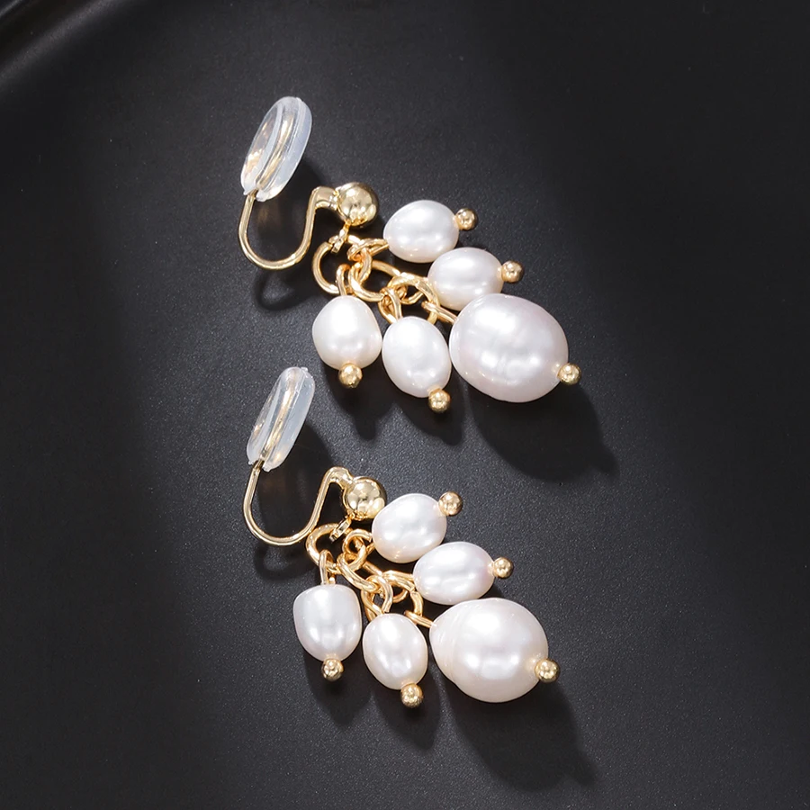 2023 Korean Elegant Natural Frashwater Pearl Tassel Clip on Earrings for Women Golden Non Pierced Bridal Earrings Jewelry Gift