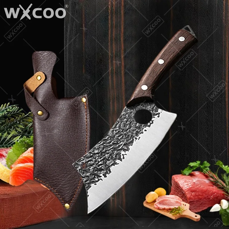 WXCOO High Carbon Hand Forged Meat Cleaver Knife Butcher Knife Kitchen Knife for Meat Vegetable Fruit Cutting with Sheath