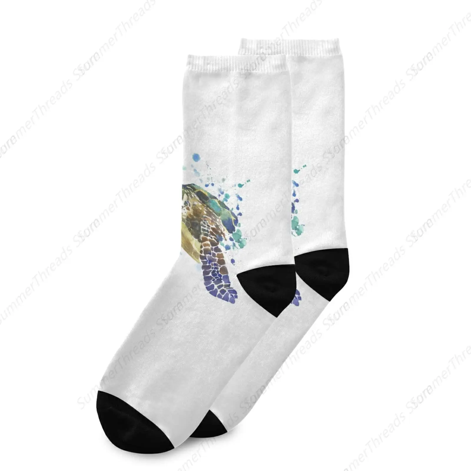 Cute Sea Turtle Watercolor Marine Animal on White Unisex Long Casual Socks Athletic Crew Socks for Women Men