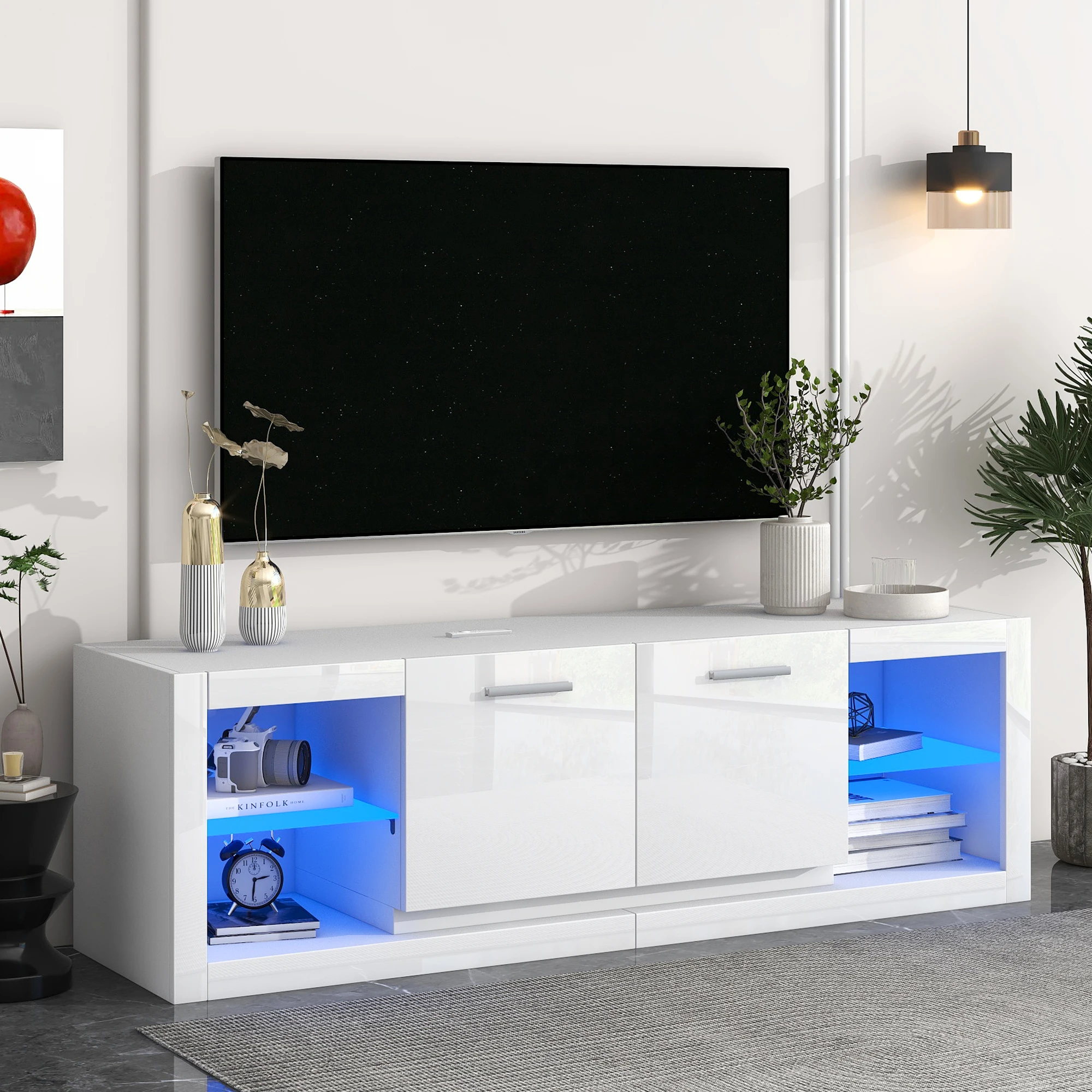 Modern Elegant TV Cabinet TV Stand W/2 Tempered Glass Shelves&LED High Gloss Entertainment Center for TVs Up to 70