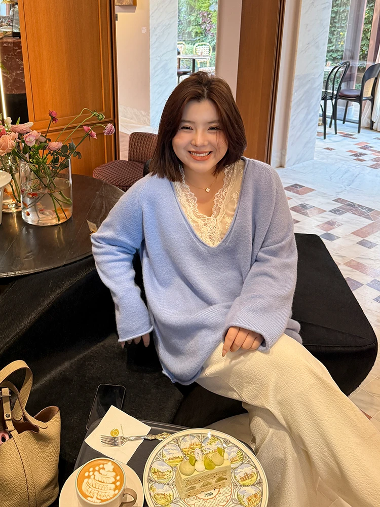 

Casual Large V-Ne Sweater Soft Knitted Long Sve Leisure Women's Faion plus Size Faion Autumn Winter Comfortable Knit...