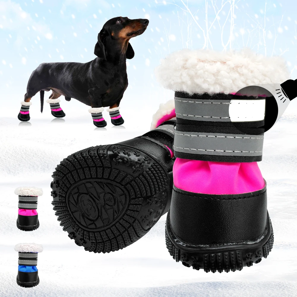 Waterproof Winter Dog Shoes Boots Warm Dogs Shoes Reflective Pet Socks With Fur For Small Medium Dogs Non-slip Bootie Snow Boots