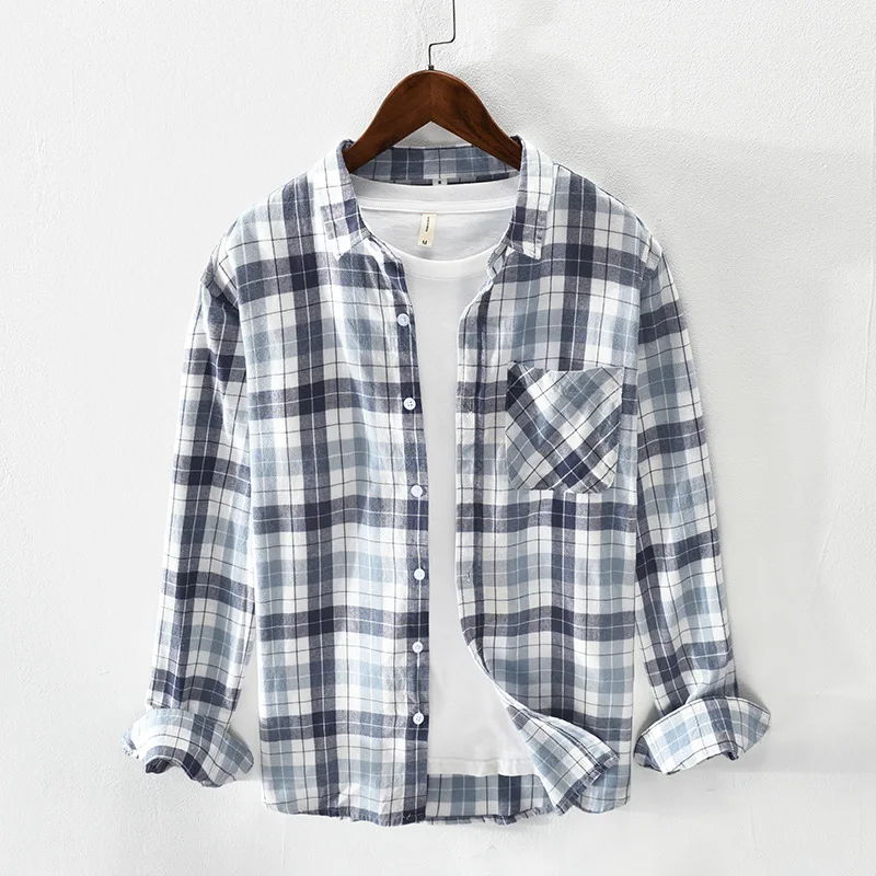 Men New Summer Men\'s Plaid Shirts Cotton Breathable Homme Loose Long Sleeve Grid Shirt Plus Size XXXL Tops Coats