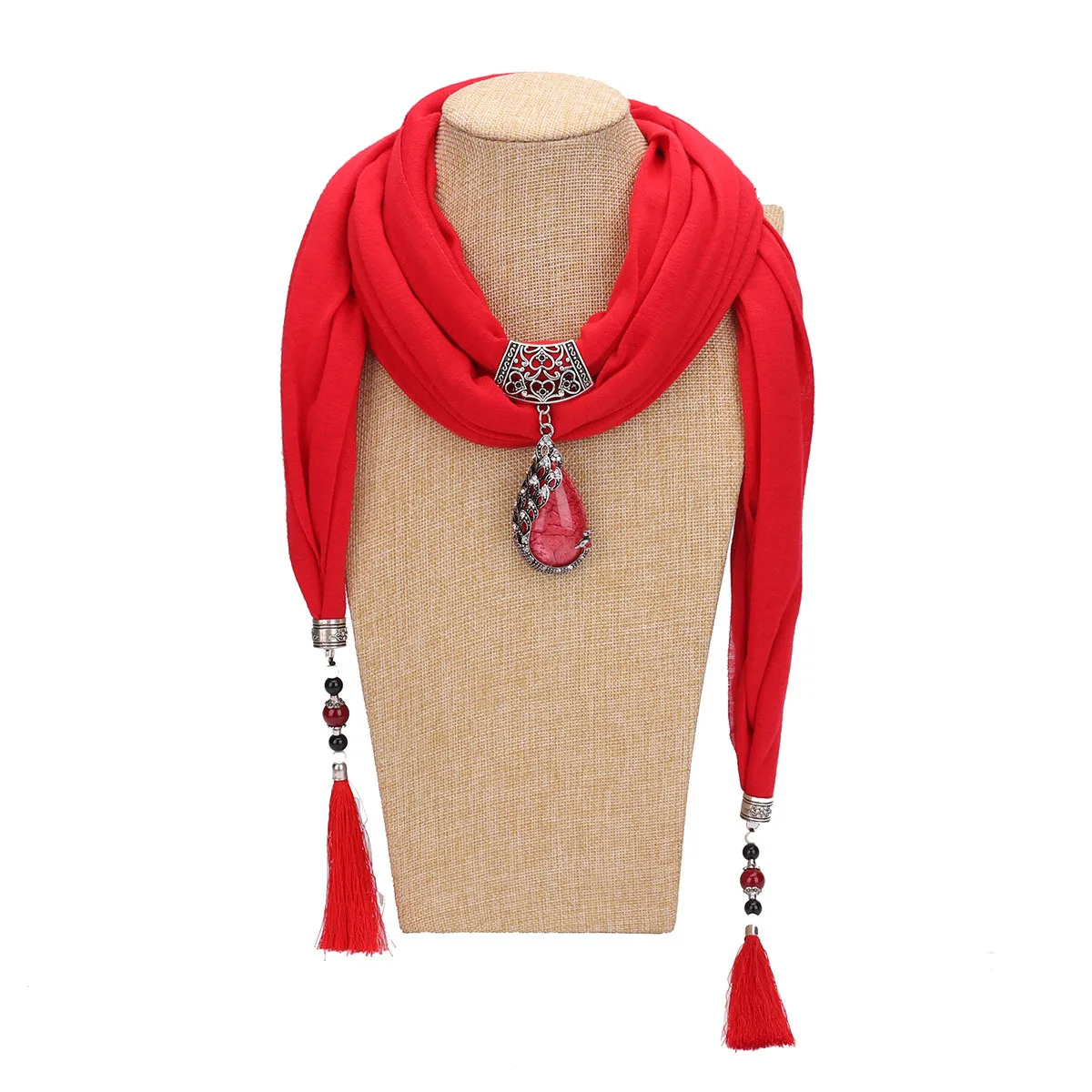 Women Scarf Pendant Necklace Nature Stone Pendant Necklace Fringe Tassel Scarves with Beads Ethnic Jewelry Pashminas Para Mujer