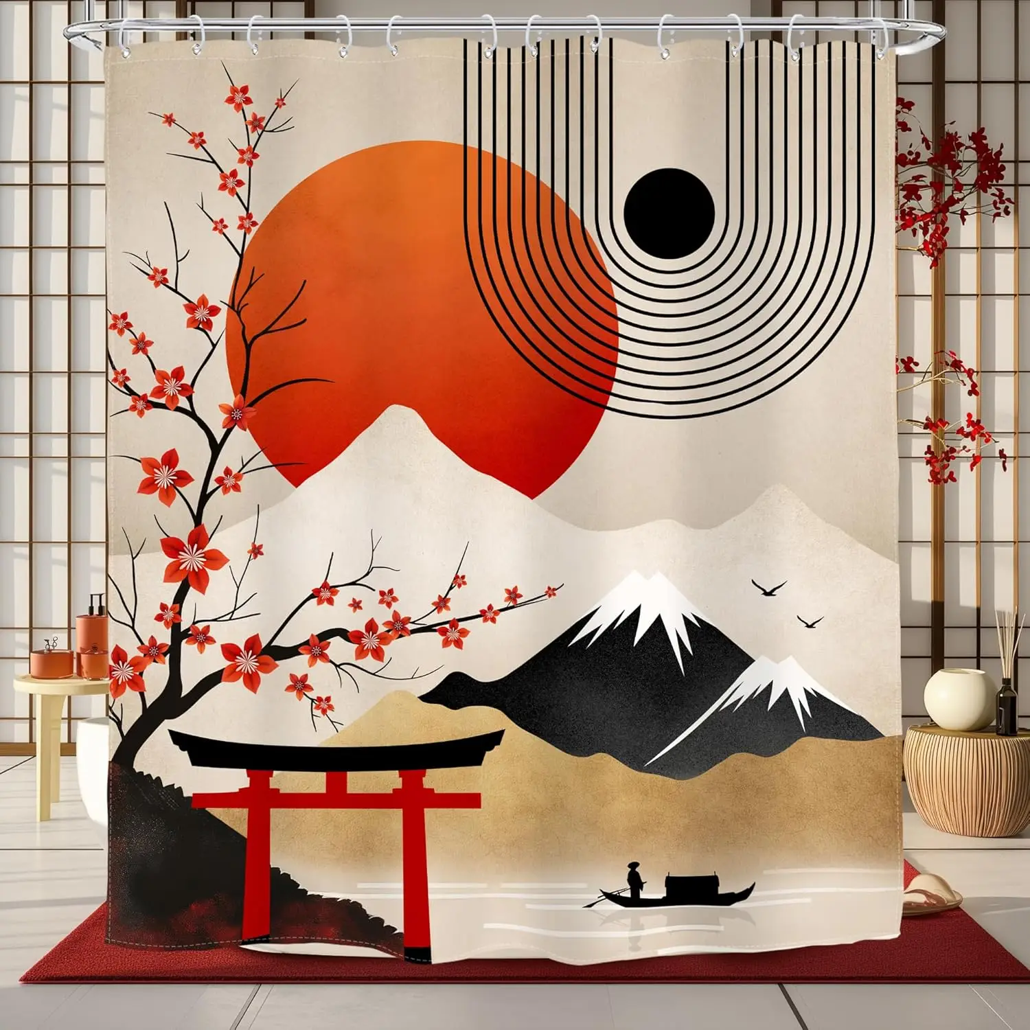 Japanese Shower Curtain Boho Cherry Blossom Mid Century Abstract Asian Mountain Sun Nature Landscape Bathroom Modern Arch
