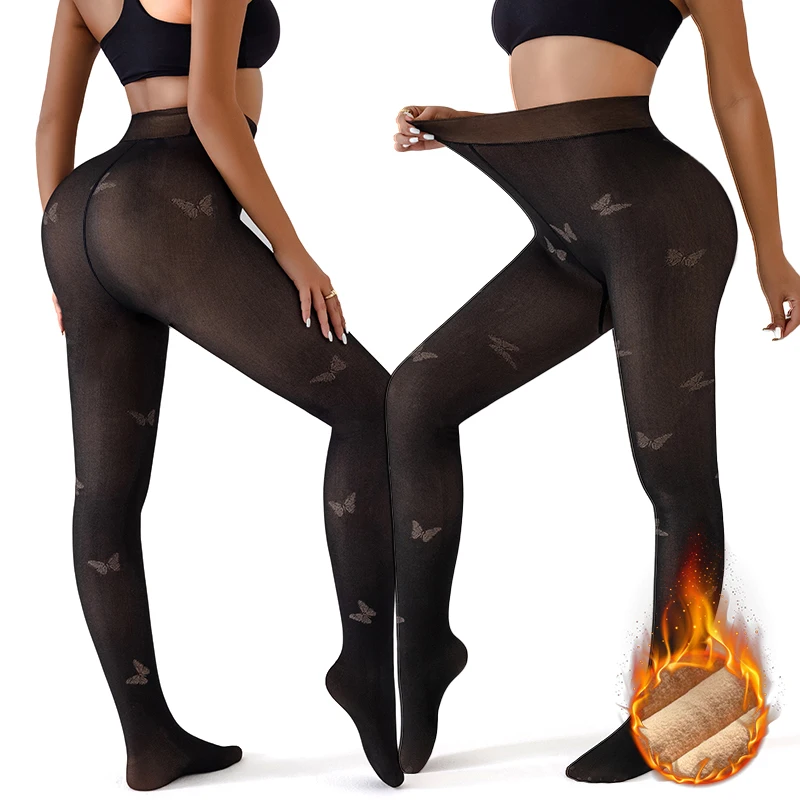 

Женские зимние термолеггинсы, жаккардовые дизайнерские колготки с бабочкой, искусственные полупрозрачные толстые теплые прозрачные колготки, колготки на флисовой подкладке
