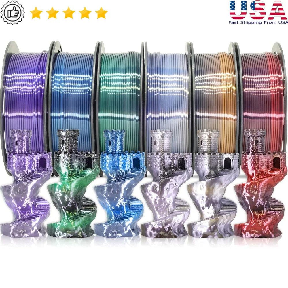 חבילת 6 חתיכות פילמנט PLA משי למדפסת תלת-ממדית שינוי צבע משחור לבן/אדום/כתום/כחול/סגול/ירוק איכות גבוהה בגוון התכתובת