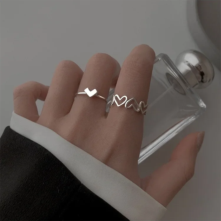 

Minimalist Heart Shaped Ring Set Korean Hollow Anel for Women Silver Color Adjustable Open Finger Tail Anillo Jewelry