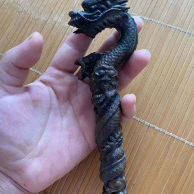 Vintage Wood Carved Mini Dragon Head Cane - 19cm Auspicious Dragon Pillar, Traditional Classical Art Craft