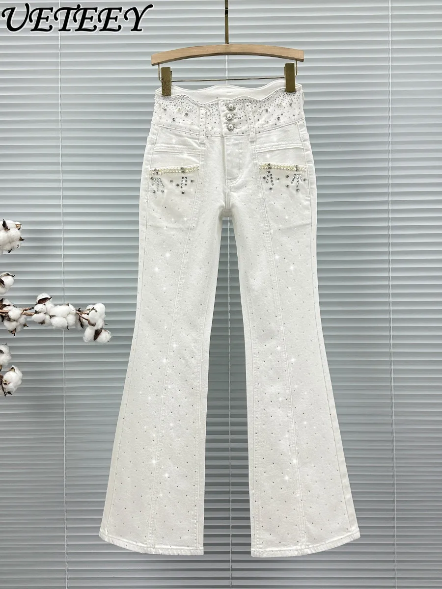 

Fashion Rhinestone Embellished Denim Pants for Women Trendy 2026 New Spring High Waist Slim Fit Versatile Beaded Flared Jeans