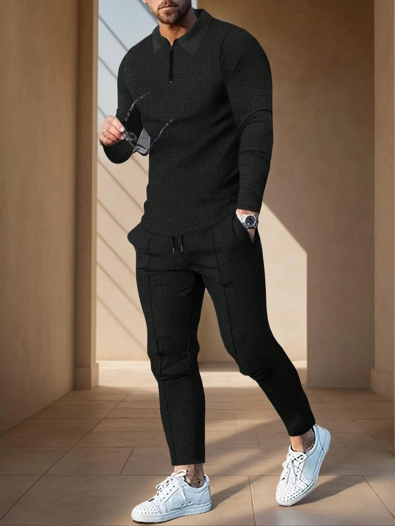 

The New Men's Spring/Autumn Waffle Long-sleeved And Long Pants Sportswear And Casual Set Is Made Of Comfortable And Breathable