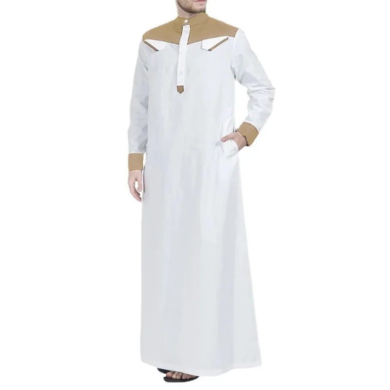 Size S-5XL White Color Men's Standing Collar Minimalist Muslim Robe Long Sleeved Style Malaysian Men's Long Coat