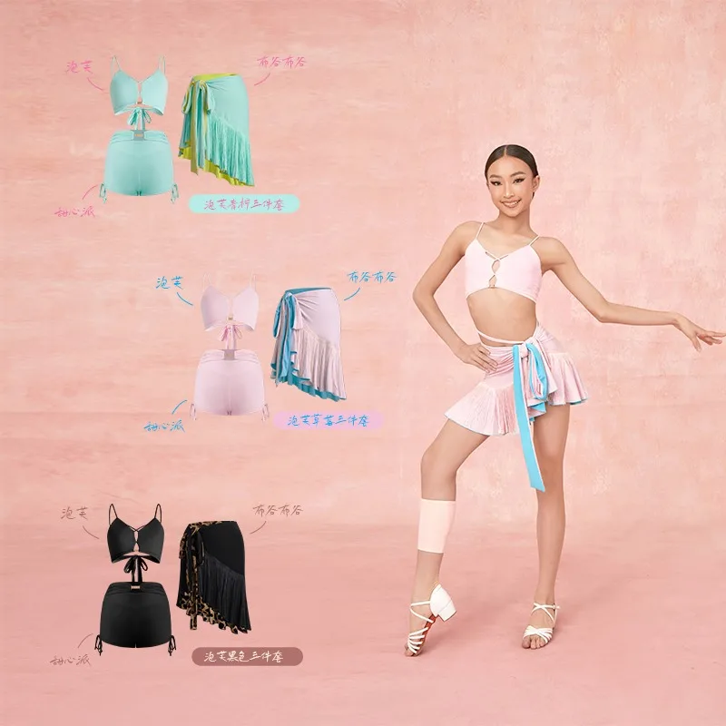 customized ZYM [Three Piece Set] Top Pants Half Skirt Girls' Latin Dance Practice Dress Versatile S001