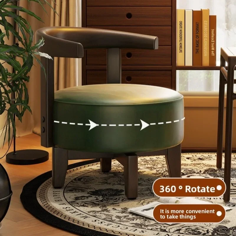 Retro style solid wood swivel low chair, leather soft pack leisure chair, solid wood swivel low stool, living room low chair