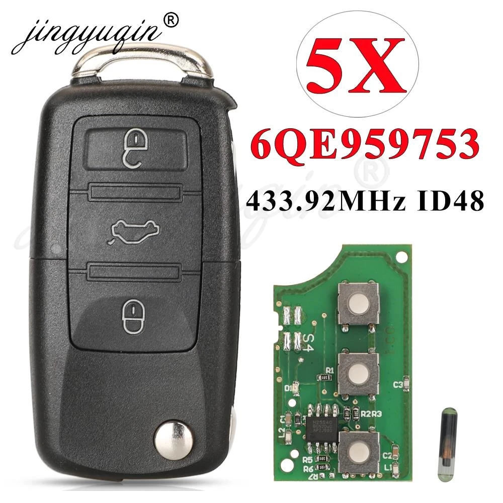 

jingyuqin 5pcs Car Key Fob 6QE959753 433MHz for Volkswagen VW Fox Gol Sharan Saveiro HLO 6QE 959 753 3Button Flip Remote Control